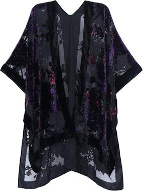 Black Burnout Velvet Kimono Long Cardigan Duster Open Front Boho Cover Up